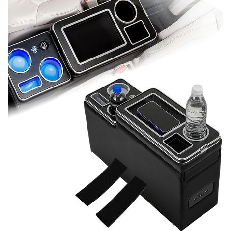 Console centrale avec étagères et compartiment de rangement, boîte de console centrale avec porte-gobelet, port USB, éclairage LED, allume-cigare. Compatible avec VW T5, T6 et T6.1, noir. (1/5)