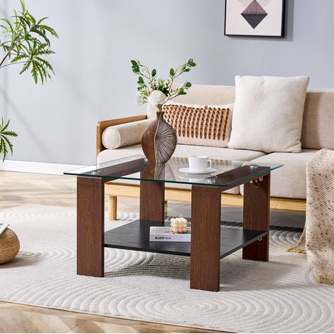 Table basse 65x41x45,5 cm en MDF et verre, couleur noyer, avec rangement, pour salon FloraGrace (1/5)