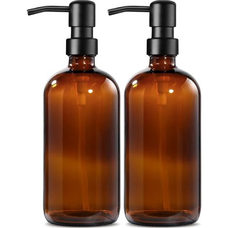 Distributeur de Savon en Verre Ambré avec Lisse Pompe en Acier Inoxydable, 500ml Distributeur de Savon Liquide avec Étiquettes, Rechargeable Distributeur Savon Cuisine - Lot de 2 (1/5)