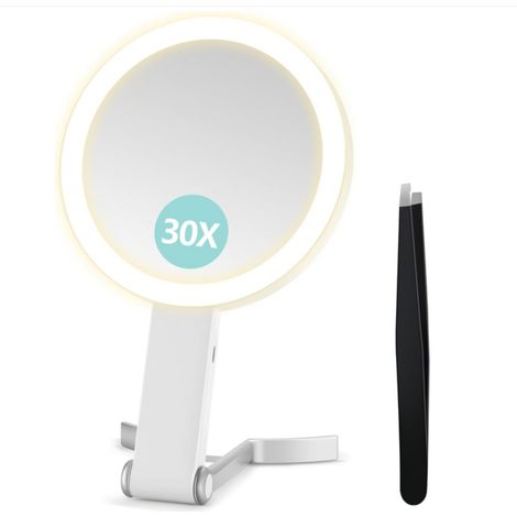 Miroir grossissant avec lumière, miroir grossissant double face 30X/1x, miroirs de maquillage de voyage avec 3 lumières de couleur, miroirs de maquillage pliables avec pince à épiler (1/5)