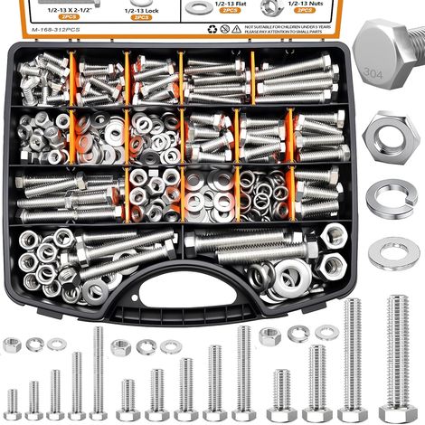 312PCS Hex Bolts and Nuts Assortment Kit,  4 Sizes 304 Stainless Steel Hex Bolts and Nuts,  Washers,  Hardware Kit,  Screw Set,  Flat & Spring Lock Washers (1/5)