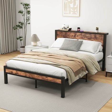 Cama de plataforma MDF y metal marrón antiguo 140x200 cm con almacenaje inferior y somier de láminas (1/5)