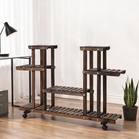 Étagère plante 4 niveaux bois massif 123,5 x 33 x 80 cm marron (1/5)