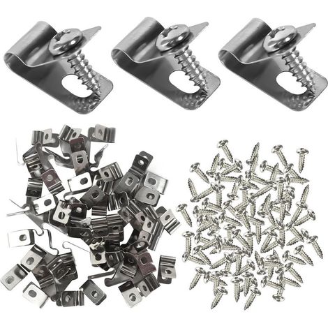 Lot de 100 Pinces de Fixation pour Clôtures Agricoles Agrafe Grillage Clips en Acier Inoxydable avec Vis Serre Cable Acier Pince pour Grillage Clips de Fixation pour Clôture en Bois Métal ou Vinyle