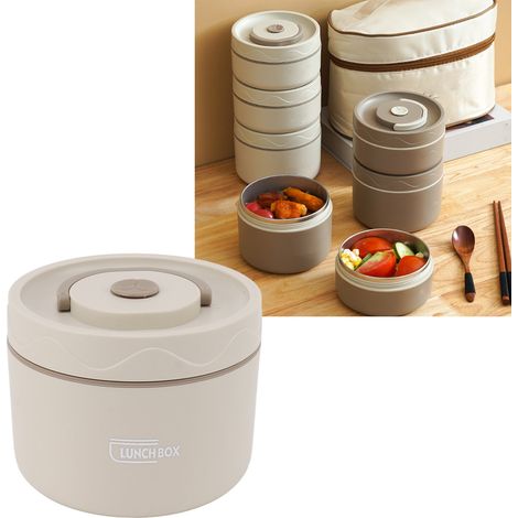 Isolierte Lunchbox (550 ml), Edelstahl 304, zwei Fächer, rund, mit Deckel, auslaufsicher und isoliert – Cremeweiß (1/5)