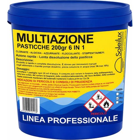 Triplex Multiazione Pastiglie 200gr 10kg Cloro 6 IN 1 - Clorante, Azzurrante, Flocculante, Disinfettante, Antialghe e Stabilizzatore ph - Azione Rapida - Lenta Dissoluzione