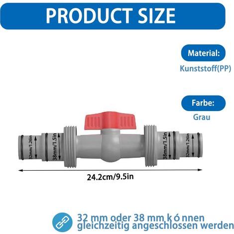 Vanne d'Arrêt pour Piscine 32 mm vers 38 mm, Adaptateur PVC 2 Voies pour Tuyau Piscine, Vanne à Boisseau pour Tuyau Ø 32/38 mm, Compatible Piscine Hors Sol et Pompe de Piscine