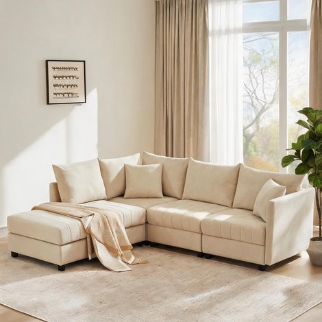 Canapé 5 places modulable en tissu effet lin beige en leinenoptik (1/5)