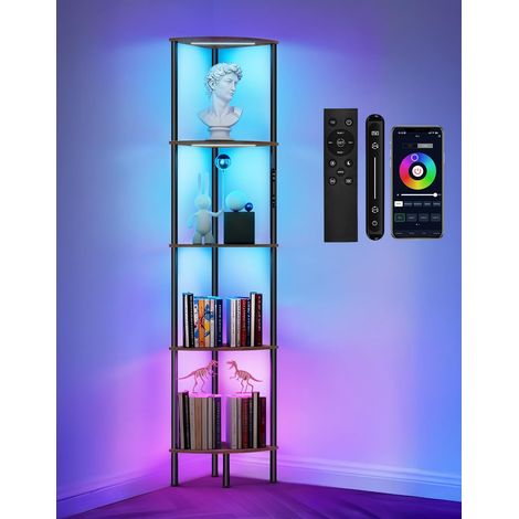 Lampadaire RGB LED avec Étagère, Étagère d’Angle Dimmable avec Lumière, Tactile & APP & Télécommande, Music-Sync, Éclairage Multicolore, Bibliothèque 5 Niveaux pour Salon Chambre Bureau (1/5)
