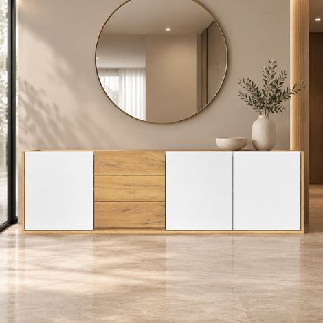 TV-Möbel mit 3 Türen und 3 Schubladen, wandmontierbar, Weiß und Holzfarben, 171,5 cm, OKMYHOME (1/5)