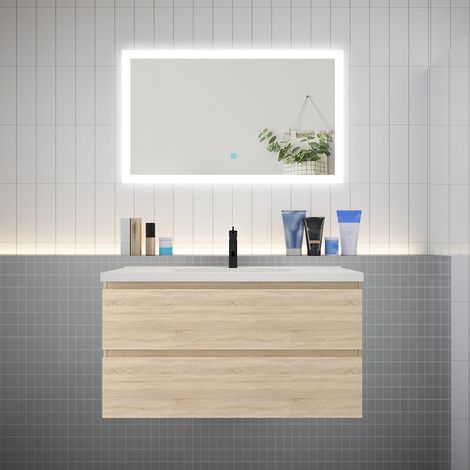 AICA Ensemble meuble vasque L.99cm chêne 2 tiroirs + led miroir + lavabo (1/5)