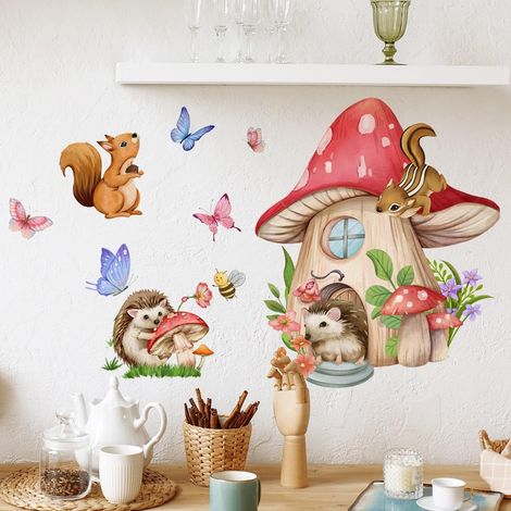 Stickers muraux enfants animaux de la forêt CHAMPIGNON MAISON (46x52 cm) I Autocollant mural chambre bébé animaux hérisson écureuil I Déco murale chambre enfant fille garçon (1/5)
