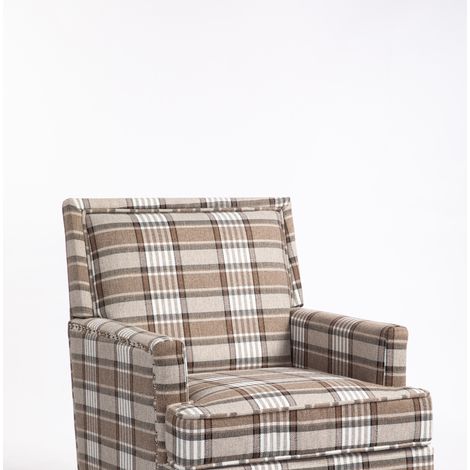 Sillón de acento en tejido de cuadros marrón y blanco con reposabrazos y tachuelas MODENUIT (1/5)