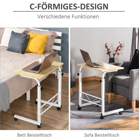 Table d'appoint ajustable en hauteur, bureau mobile sur roulettes freinées, table en forme de C, panneaux de particules, acier, fer, plastique, couleur érable blanc, 60 x 40 x 68-78 cm (1/4)
