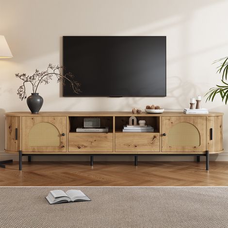 Ovales TV-Lowboard aus Holz und natürlichem Rattan – 200 cm TV-Board mit Schiebetüren, Schubladen und Fächern – schwarze Metallfüße – skandinavischer Stil