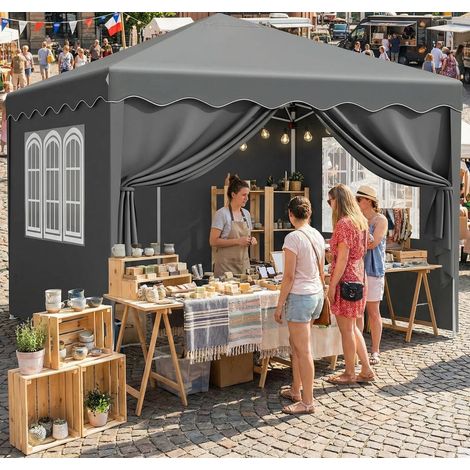 Pop Up Gazebo with 4 Side Panels and 4 Sandbags 3m x 3m Waterproof Folding Camping Party Tent,Grey (1/5)