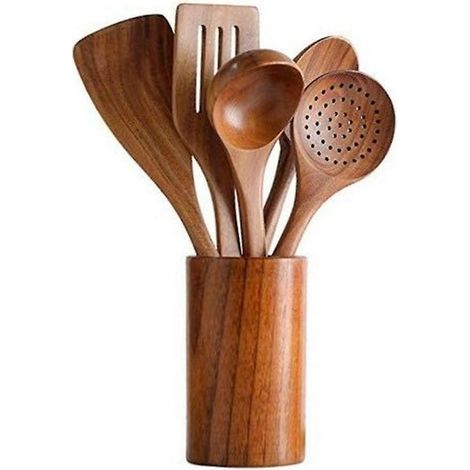 Dww-ustensiles De Cuisine En Bois Avec Rservoir De Rangement - Set De 6 Ustensiles De Cuisine En Bois Avec Rservoir - Set De Vaisselle En Teck Facile (1/5)