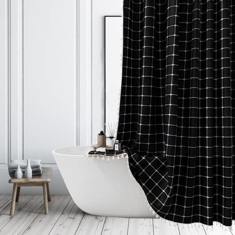 1 rideau de douche, tissu patchwork, motif rayures noires, style rustique, pompons, 180x200 cm, salle de bain (1/5)