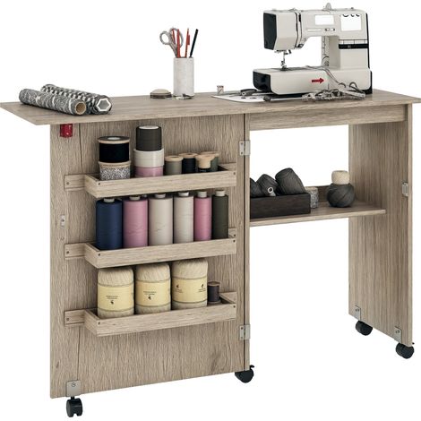 Compact Folding Sewing Table with Drop Leaf Design, Storage Bins, Open Shelf and Wheels, Ideal for Small Spaces in Grey (1/5)