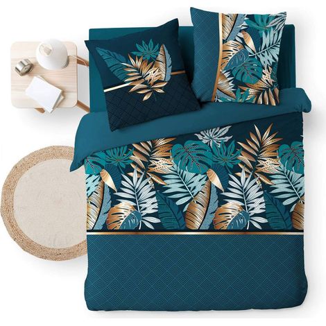 Douceur D'Intérieur – Housse de couette 260 x 240 cm en coton – Imprimé tropical chic – Tissage serré 42 fils/cm² – Fermeture à boutons pression