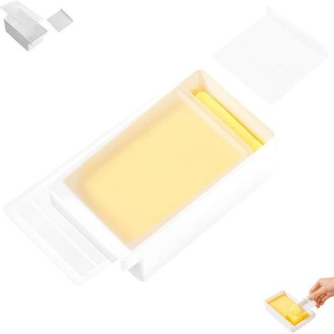 Beurrier avec couvercle - Beurrier en plastique - Grande boîte à beurre avec coupe-beurre - Blanc - Beurrier en plastique avec couvercle - Beurrier - Coupe-beurre - Boîte de rangement pour ustensiles  (1/5)