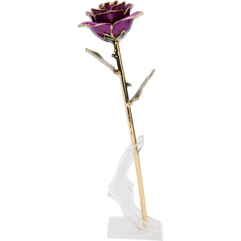 Roses plaquées or 24 carats, détails réalistes, couleurs éclatantes, roses artificielles longue durée, avec socle, cadeau parfait pour un anniversaire ou la fête des mères, violet. (1/5)