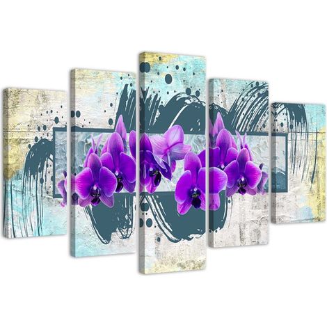 Quadri Quadro 5 pezzi Stampa su tela Orchidea fiore viola - 150x100 (1/5)