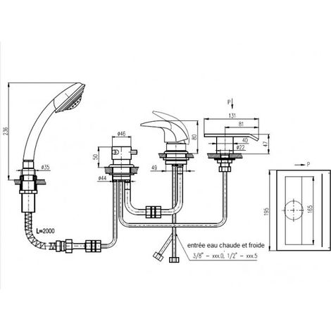 Mitigeur baignoire à cascade DANUBO 4 trous en laiton doré (1/4)