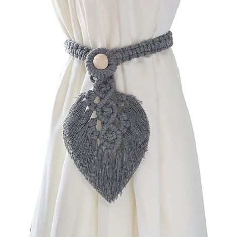 Lot de 2 porte-cravates pour rideaux bohème, fabriqués à la main, en corde de coton tissées à la main, grises (1/4)