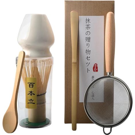 5-teiliges Matcha-Set aus Bambus mit Chasen-Ständer für die Teezeremonie, Weiß  Japanisches Matcha-Set mit Chasen-Besen, Sieb und 2 Bambuslöffeln, leicht zu reinigen für traditionellen Matcha-Tee (1/5)