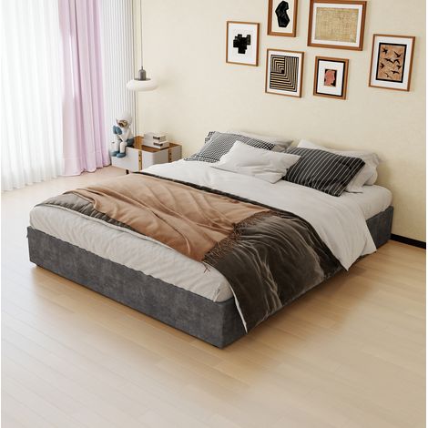 Struttura letto 160 x 200 cm senza testiera, velluto grigio, molle a gas e materasso (1/5)