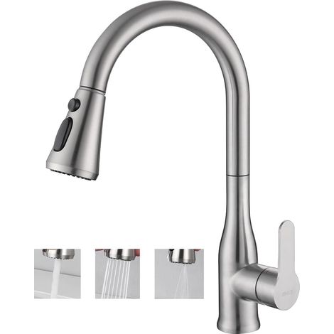Robinet de Cuisine Beige avec Douchette Extractible, Mitigeur Evier Pivotant 3 Jets d'eau, Robinettrie Rotatif 360° pour Evier Double, Acier Inoxydable, Cartouche Céramique