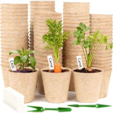 Biodegradable Pots, 100 Pieces 8CM Plant Seedling Pots, Degradable Repotting Pots + 100 Plant Labels + 2 Transplanting Tools, for Greenhouse, Garden, Vegetable Patch, Flower Seedlings (1/5)
