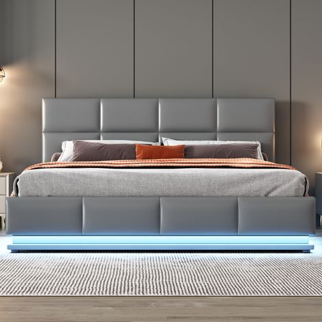 Lit double 160x200 cm avec éclairage LED, sommier métallique à lattes et coffre, tête de lit rembourrée ajustable en hauteur avec rangement hydraulique, Gris (sans matelas)