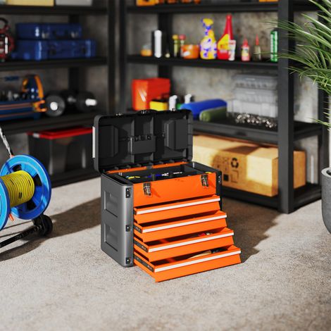 Boîte à outils vide, 49,7 x 25,3 x 40,7 cm, boîte à outils à 4 tiroirs, mini-boîte en acier orange