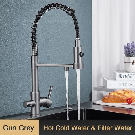 Robinet de cuisine noir à filtre extractible (couleur gris anthracite), 3 voies, eau pure, mitigeur flexible en laiton à 360° pour purification d'eau (couleur gris anthracite). (1/5)
