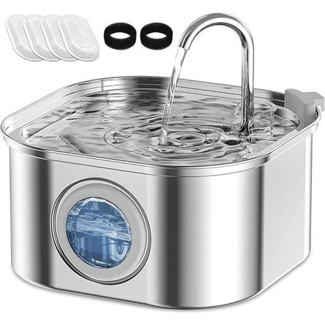 Fontana per animali domestici in acciaio inox, 3,2 l, fontanella a ultrasuoni per gatti, 4 filtri a carbone attivo + 2 spugne (quadrata, 3,2 l) (1/5)