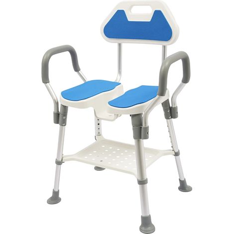 Chaise de Douche, Hauteur Réglable, Dossier et Accoudoirs, Bleu (1/2)