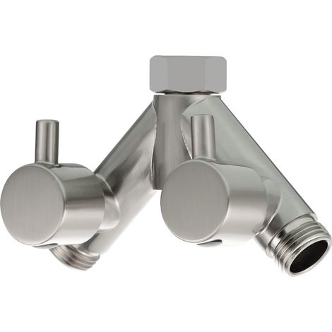 2 Way 1/2" Y Splitter Brass Adapter Shower Bypass Valve with Shut-Off Valves Brushed Nickel (1/5)