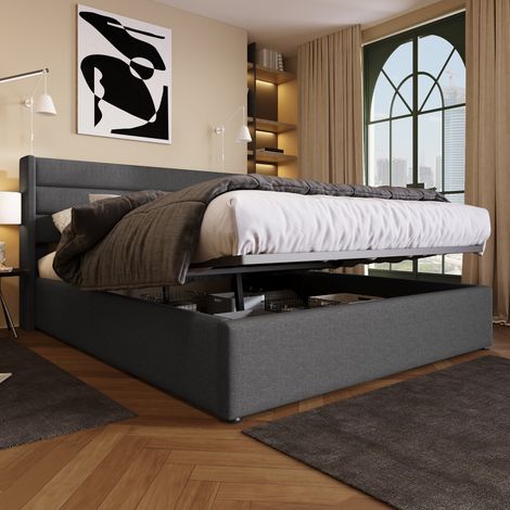 Bett mit Stauraum, 180x200cm, gepolstertes Kopfteil im Stapeldesign, Leinenfarbe Grau (Matratze nicht im Lieferumfang enthalten)