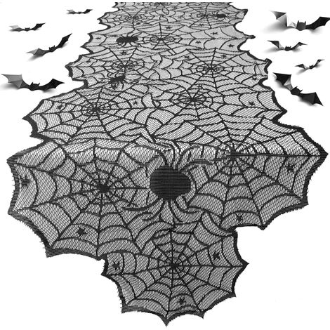 Halloween Toile d'Araignée Dentelle Nappe Noir Set Décoration de Table Halloween Contient 1 Pièce de Chemin de Table Halloween et 16 Pièces 3D Chauve-Souris, pour Fête Halloween(182 46cm) (1/5)