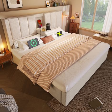 Letto contenitore in lino beige 160x200 cm con materasso, caricatore USB-C, portabicchieri a scomparsa e base a doghe inclusi. (1/5)