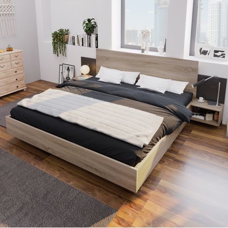 Cama de madera maciza Sonoma y gris oscuro 160x200 cm con 2 mesitas integradas y somier de láminas (1/5)