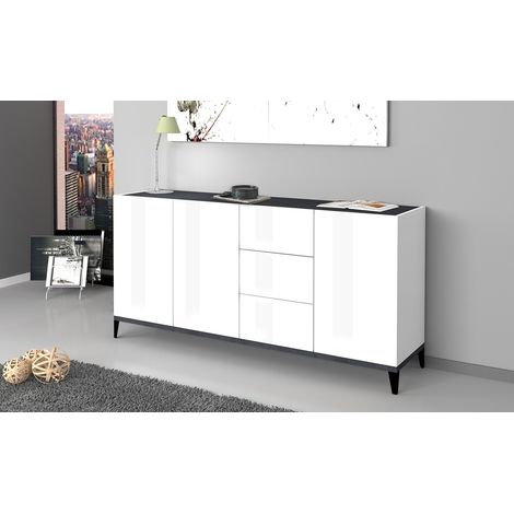 Buffet/bahut 3 portes/3 tiroirs blanc laqué brillant/ardoise Shine (1/4)