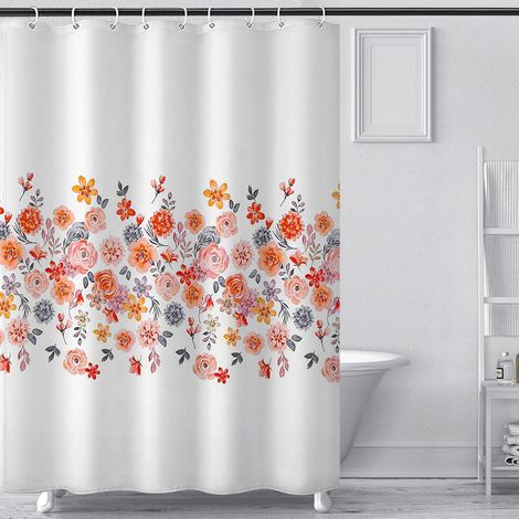 1 Rideau de douche, 240x200 cm, motif fleurs multicolores, polyester imperméable, avec 16 anneaux et poids, pour baignoire et salle de bains (1/5)