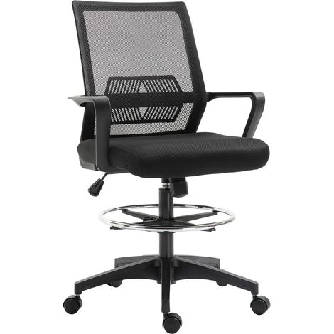 Bürostuhl, Höhenverstellbarer Schreibtischstuhl mit Fußablage, Netz-Rückenlehne, rollbar, Kunststoff, Schwarz (1/5)