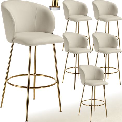 Tectake – Lot de 6 tabourets de bar rembourrés – Dossier incurvé en velours doré – Hauteur d'assise 76 cm – Pieds antidérapants pour stabilité