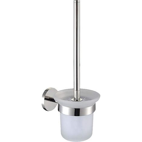 Brosse et support de toilette, avec manche en acier inoxydable et bol en verre trempé, fixation murale autocollante (1/5)