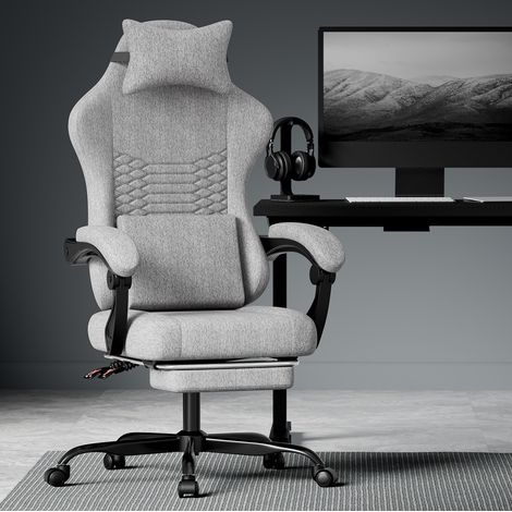 Chaise de bureau gaming 58,5x63x120,5 cm en tissu gris clair, inclinable pour bureau FLORAGRACE (1/5)
