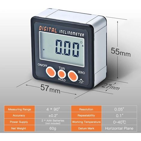 Inclinomètre numérique 0–360 ° - Rapporteur électronique - Coque en alliage d'aluminium - Jauge d'angle numérique - Base magnétique (sans câble) (1/5)